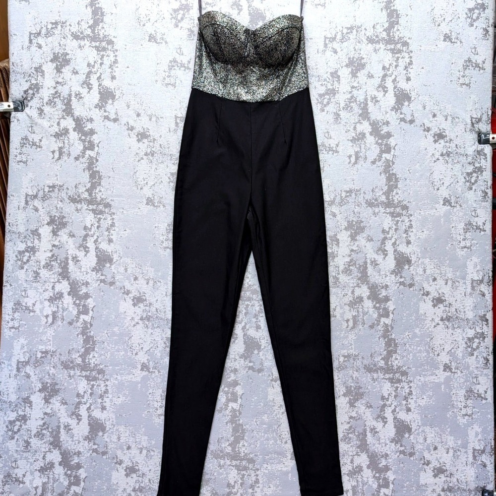 Material Girl Womens Metallic Gold Black Strapless Jumpsuit‎ Small NWT